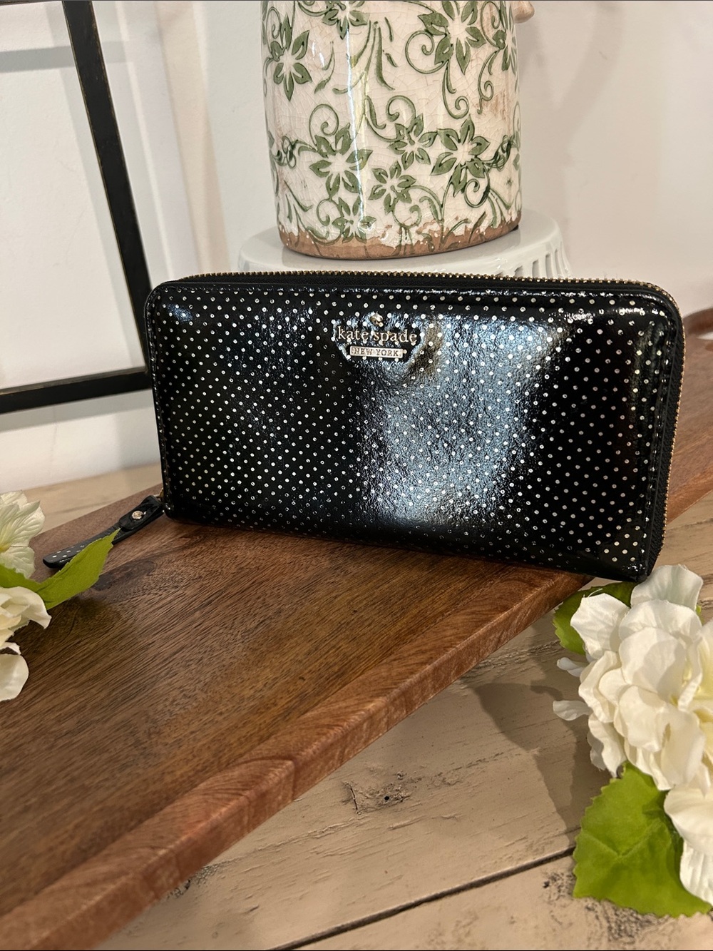 kate spade Black Patent Polka Dot Zip Wallet
